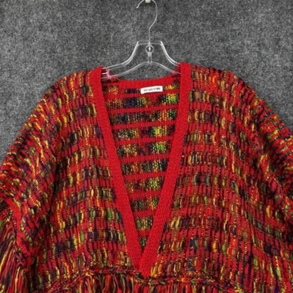 Red Rainbow Fringe Cropped Cardigan Sweater Womens Medium Boho Hippie - Picture 2 of 11
